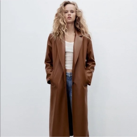 Zara Faux Leather Long Duster Blazer Top Coat Trench Jacket Cognac Brown Medium - Picture 4 of 13